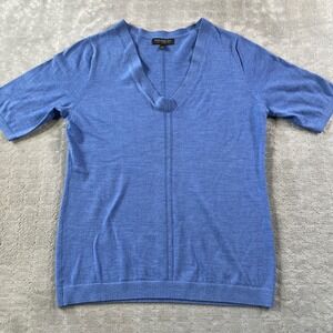 Banana‎ Republic Sweater Top Womens Medium Blue Wool V-Neck Short Sleeve Office
